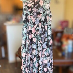 Floral Midi Dress in Black with Pink & Blue Blooms